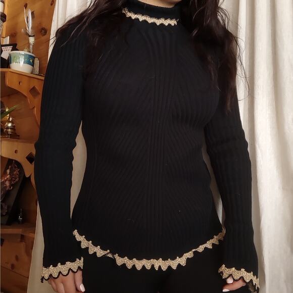 Tsumori Chisato turtleneck sweater Black gold trim vintage unique metallic M - Picture 4 of 6